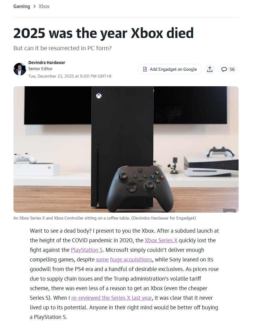 外媒Engadget怒批Xbox：2025年是Xbox消亡之年