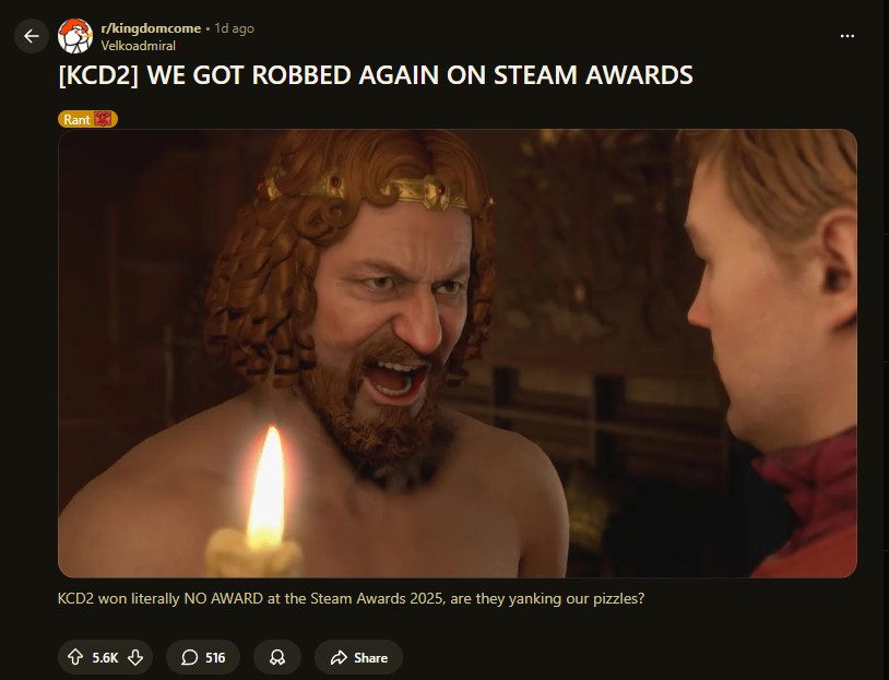 《天国:拯救2》Steam大奖再次空手而归 粉丝们很失望(图2) 《天国:拯救2》Steam大奖再次空手而归 粉丝们很失望