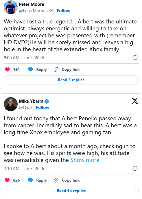 微软Xbox元老Albert Penello逝世!多位行业大佬发文缅怀(图2) 微软Xbox元老Albert Penello逝世!多位行业大佬发文缅怀