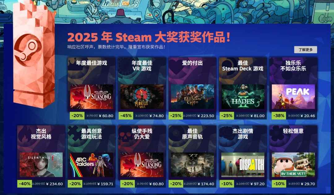 2025年Steam大奖名单 《空洞骑士:丝之歌》获年度游戏(图1) 2025年Steam大奖名单 《空洞骑士:丝之歌》获年度游戏