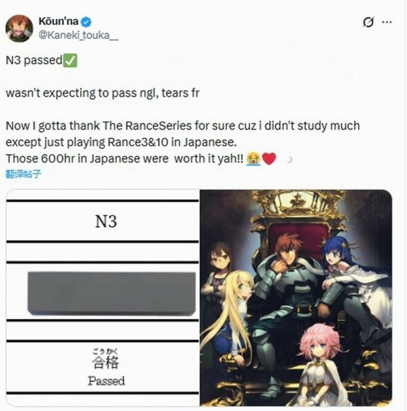 玩家玩成人游戏《兰斯》自学日语:无痛通过N3考试!(图1) 游侠网1