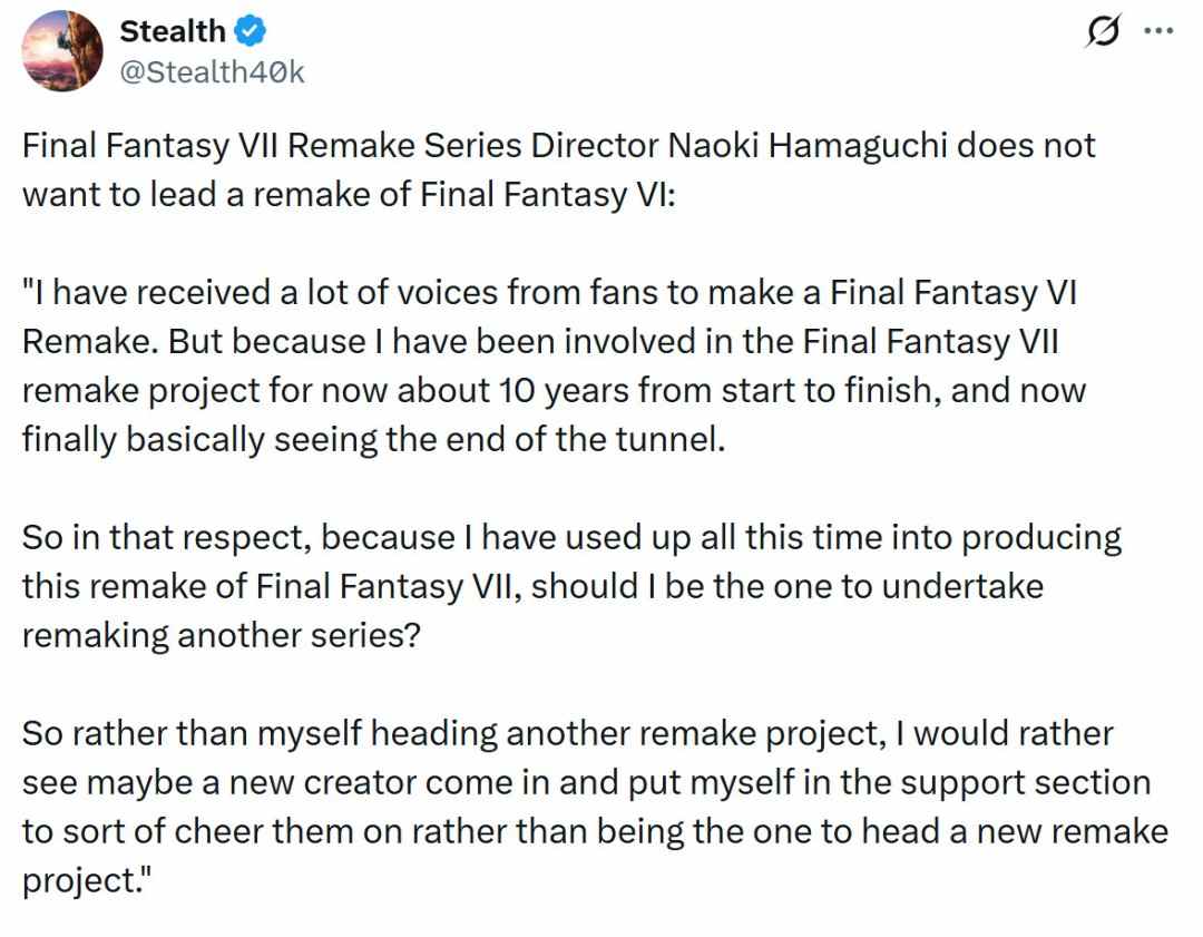 滨口直树：新员工最喜欢《FF13》 不会主导《最终幻想6：重制版》