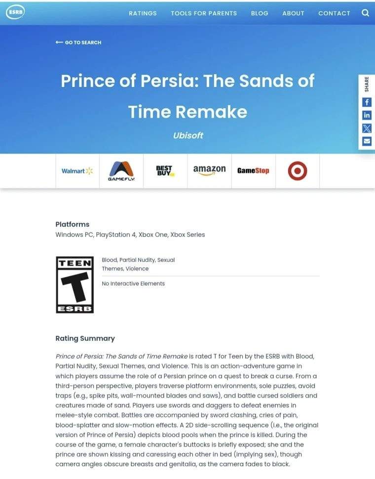 《波斯王子：时之沙》重制版ESRB评级出炉 少许血腥与裸露场景