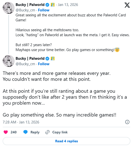 吵翻天了!《幻兽帕鲁》制作人回怼黑粉:去玩些别的吧(图2) 吵翻天了!《幻兽帕鲁》制作人回怼黑粉:去玩些别的吧