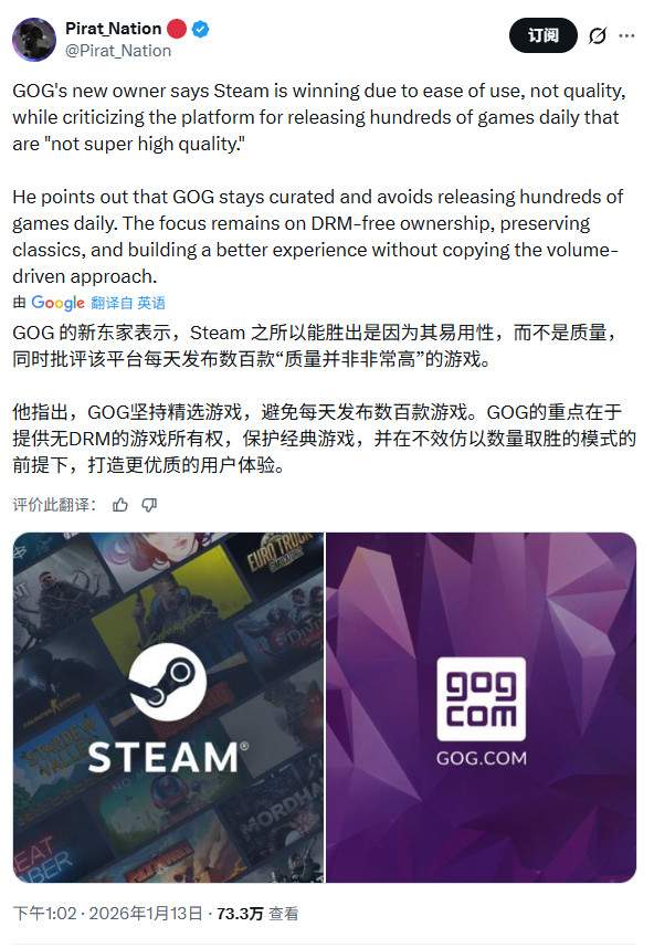 GOG老板暗讽Steam：每天发行数百款