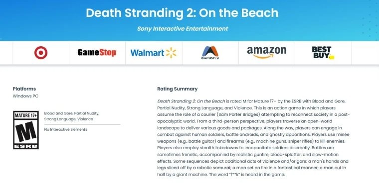 要来了吗？ 《死亡搁浅2》PC版ESRB评级页面回归