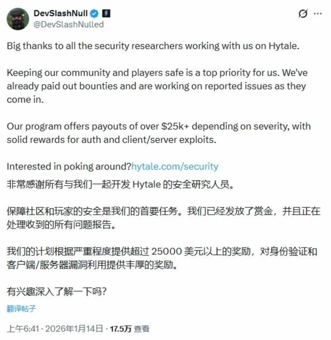 上线即爆火 《Hytale》悬赏超2.5万美元求玩家找bug