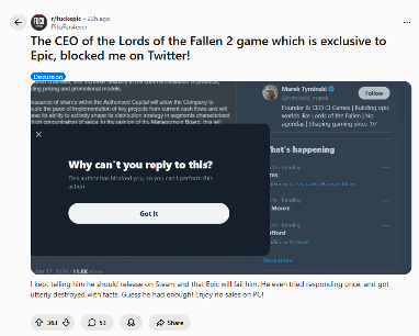 《堕落之主2》Epic独占再引争议:CEO拉黑提建议玩家(图2) 《堕落之主2》Epic独占再引争议:CEO拉黑提建议玩家