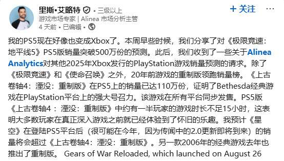 《上古卷轴4》PS5玩家有一半的人游戏时长不到15小时