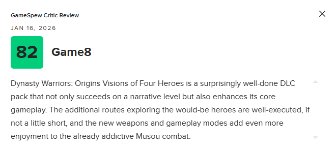 《真三国无双：起源》DLC“梦幻四英杰”M站82分：物有所值！